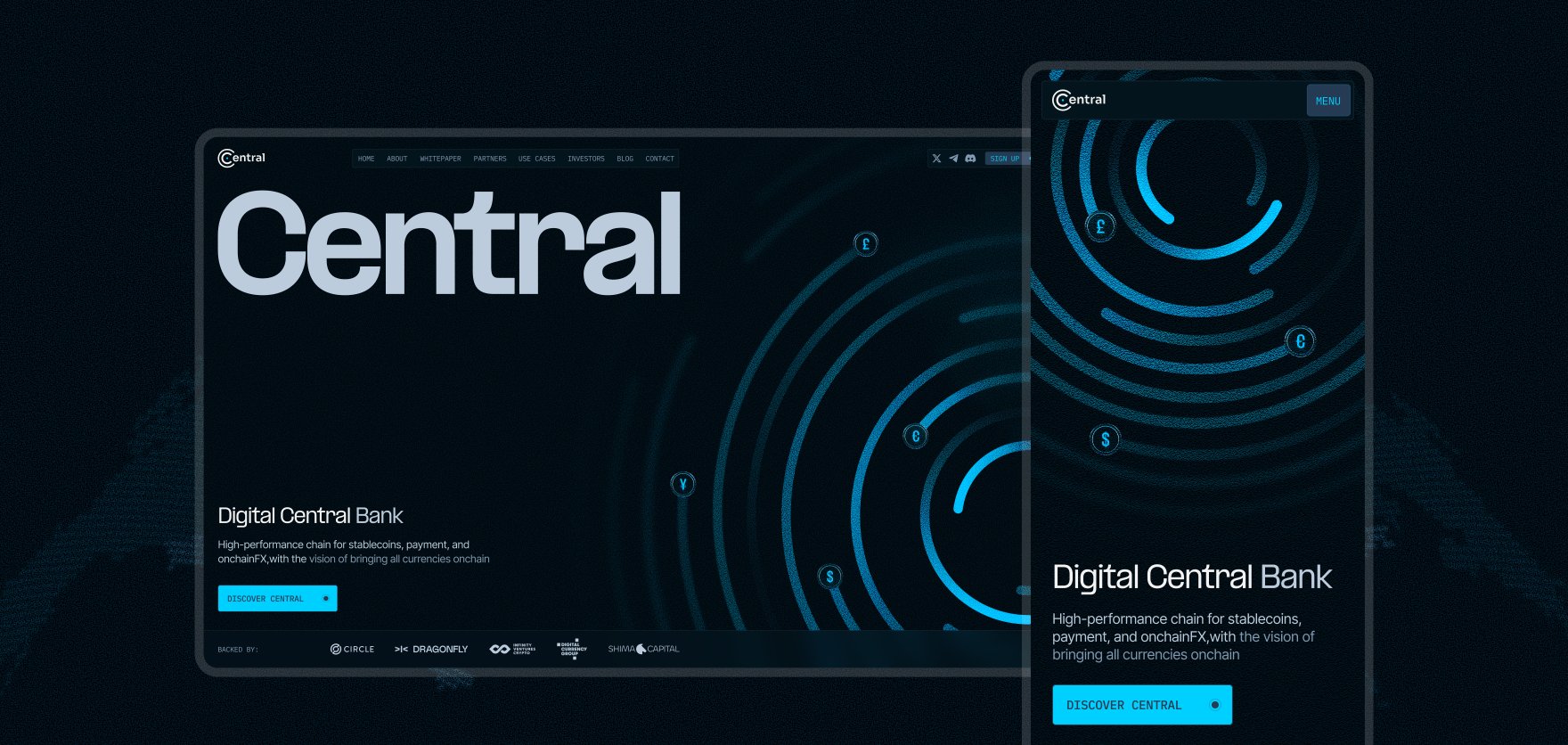 Central landing page hero — desktop and mobile