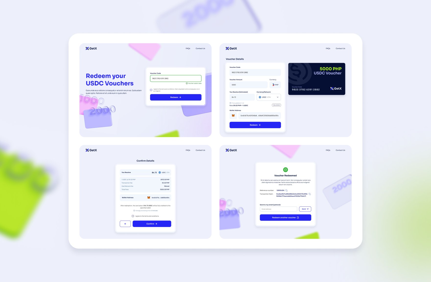 GetX sample screens — redemption flow