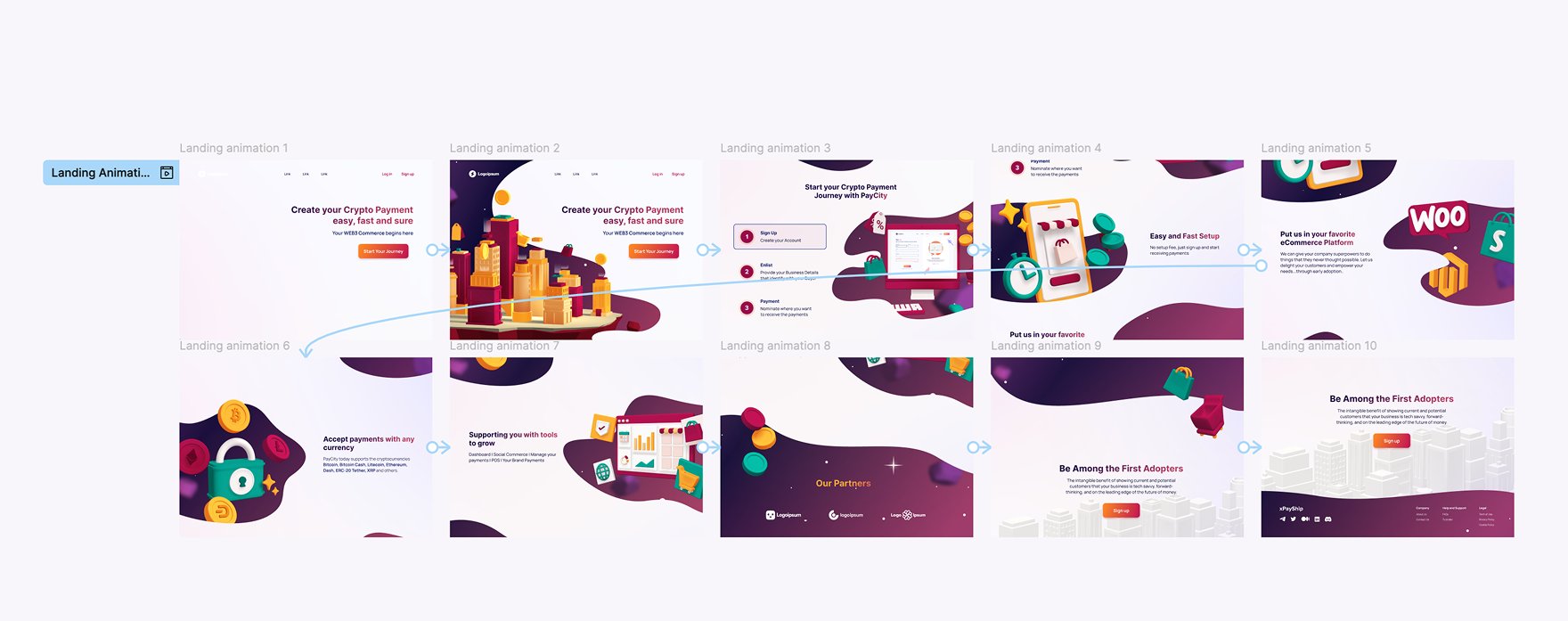 xMerchant landing page prototype — animation frames