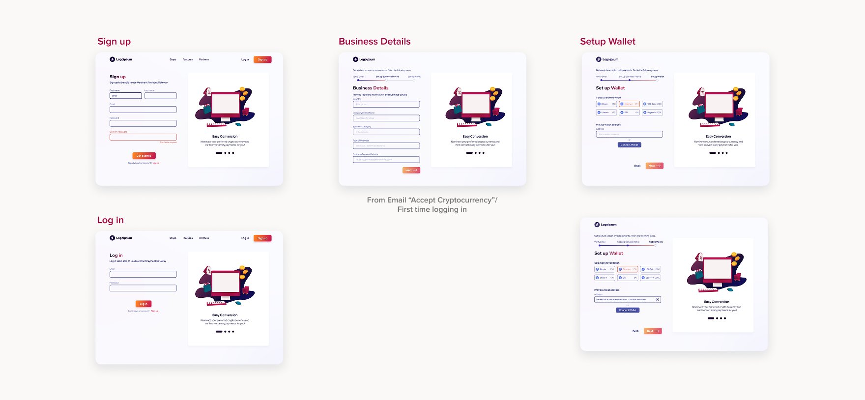 xMerchant sample screens — signup and onboarding flow