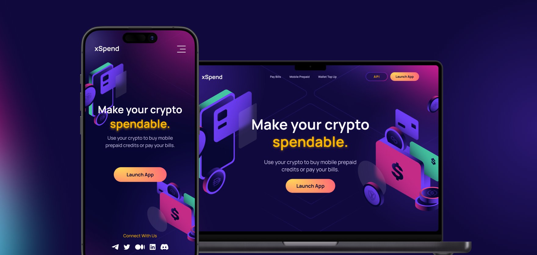 xSpend landing page hero — desktop and mobile
